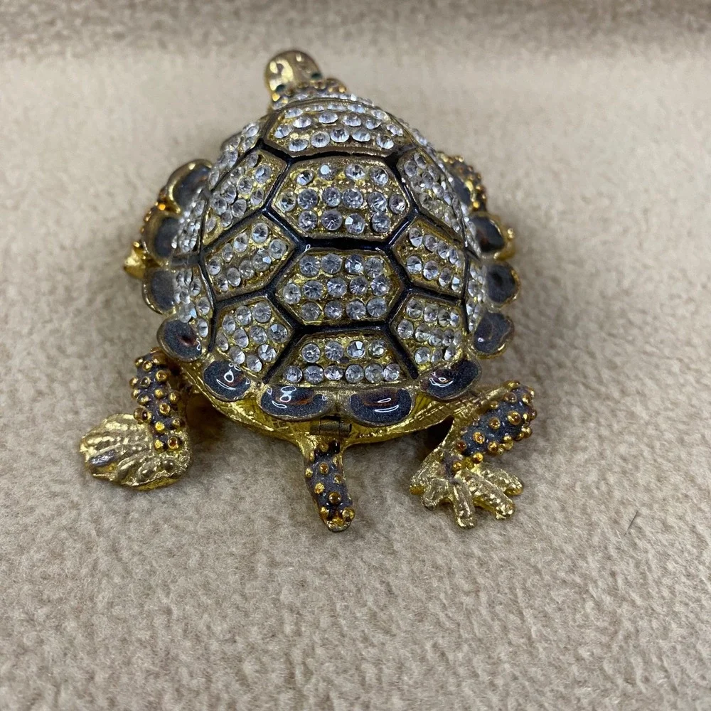 Sparkling Crystal Turtle Jewelry Trinket Box Hinged Gold Tone Enamel Gem Eye New